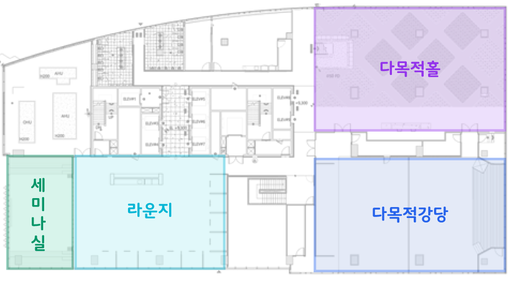 3층 행사장 평면도 (다목적강당, 라운지, 세미나실, 다목적홀)